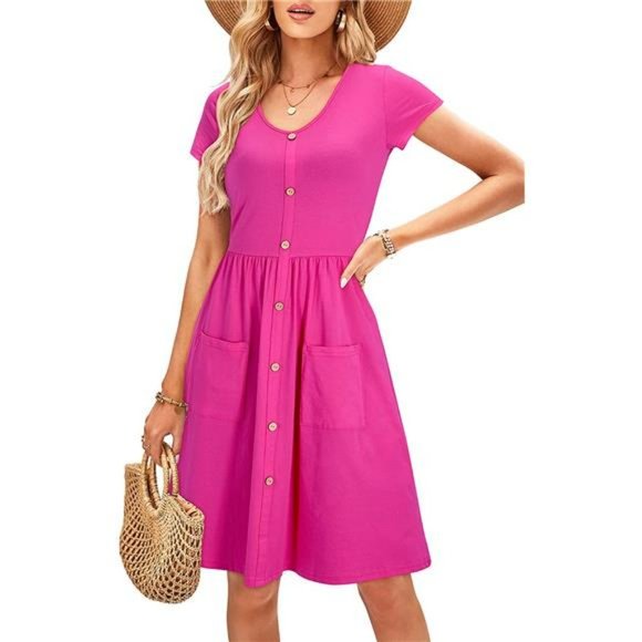 Women's V Neck Button Down Skater Dress with Pockets - Picture 5 of 6